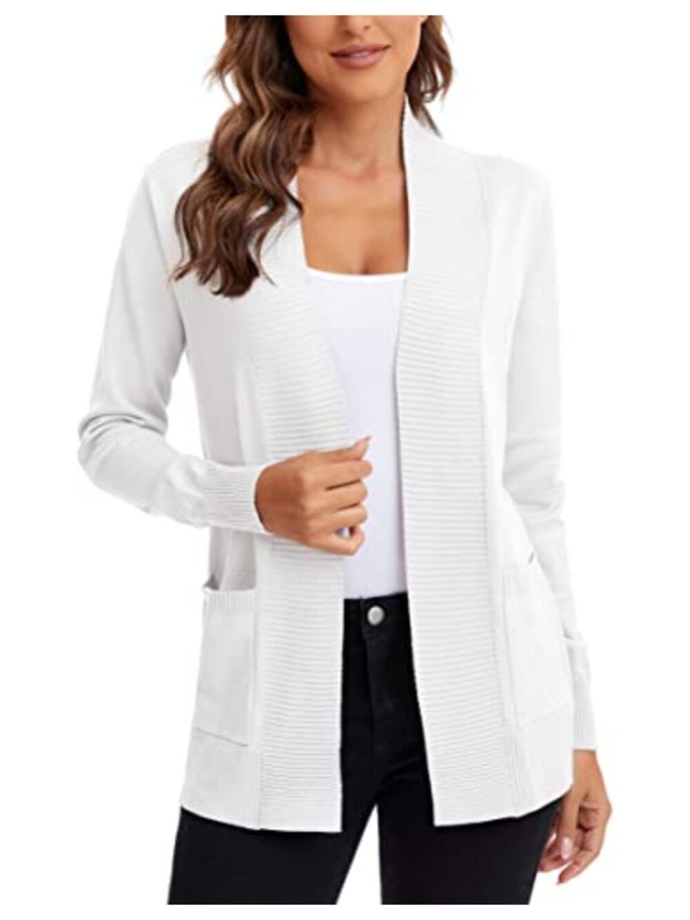 Lightweight Open Front Knit Cardigan Long Sleeve Sweater with Pocket